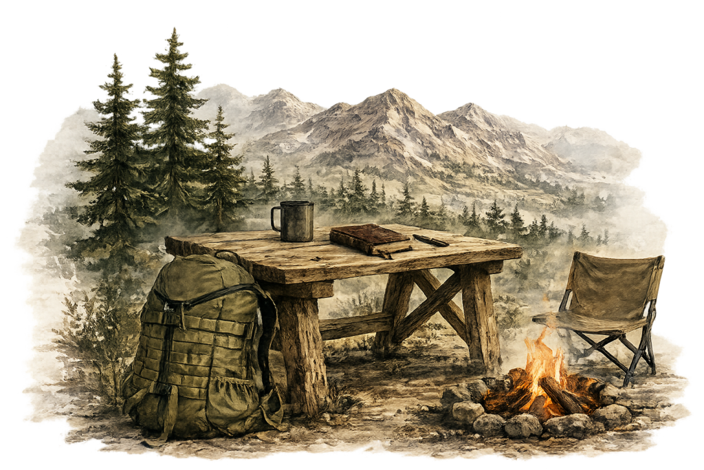 Illustrated mountain campsite with a rustic table, backpack, journal, campfire, and chair.